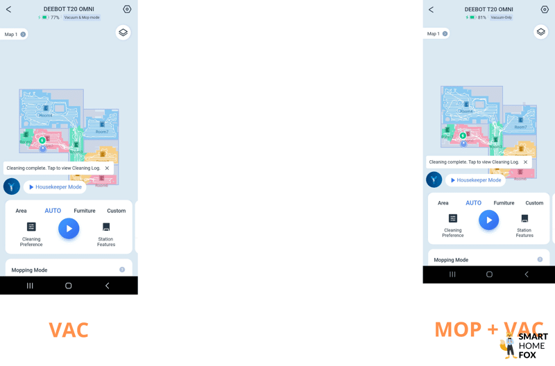 Der Akkuverbrauch des DEEBOT T20 OMNI nach der kompletten Wohnungsreinigung (saugen und wischen) ist in der App zu sehen.